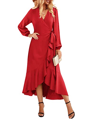 Beluring Damen Herbst Kleider Langarm Wickelkleid V Ausschnitt Einfarbig Lässige Kleid Rot XXL von Beluring