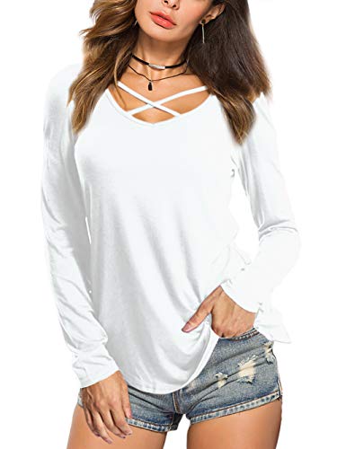 Beluring Damen Tshirt Langarm V Ausschnitt Oberteil Shirts Casual T Shirt Tunika Weiß M von Beluring