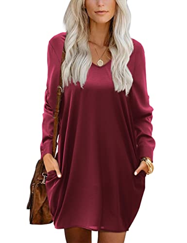 Beluring Blusenkleid Damen V-Asusschnitt Kleider Langarm Shirtkleider mit Taschen Burgund M von Beluring