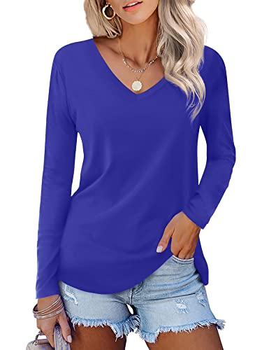 Beluring Damen Herbst Vneck Tops Loose Fit Weiche T-Shirts für Langarm Blau XXL von Beluring