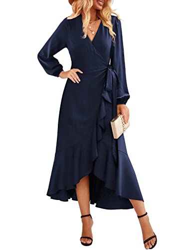 Beluring Wickelkleid Damen Elegant V Ausschnitt Langes Kleider Schick Langarm Kleid Navy Blau XXL von Beluring