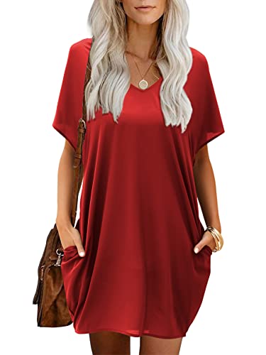 Beluring Damen Kleid Mit V-Ausschnitt Sommer Kurzarm Knielang Tshirt Kleider Rot XXL von Beluring