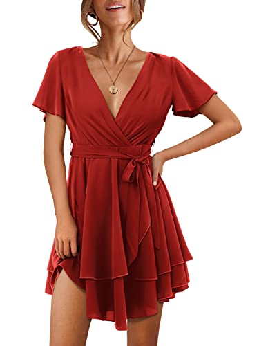 Beluring Damen Kleid Rüschenärmel Wickel Sommer Minikleid Rüschen Ausgestelltes Kleid Rot XXL von Beluring