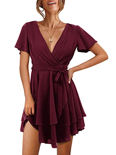 Beluring Damen Kleid Rüschenärmel Wickelkleid Minikleid Flowy Schwingen Mehrlagiges Kleid Rotwein XL von Beluring