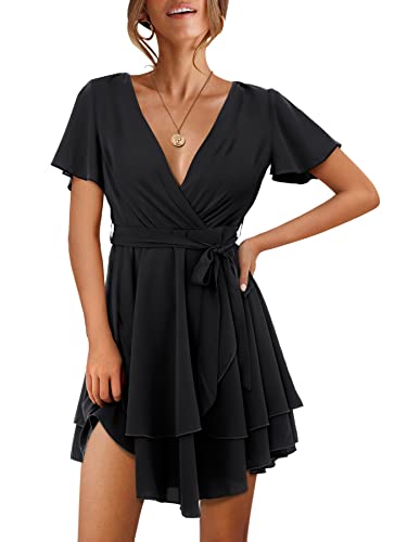 Beluring Damen Kleid Wickelkleid V-Ausschnitt Minikleid Flowy Rüschen Ausgestelltes Kleid Schwarz L von Beluring