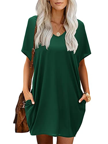 Beluring Damen Kleider Bequem Kurzarm Sommer Tunika Kleid Mit Taschen Olivgrün L von Beluring