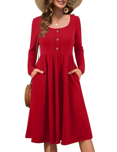 Beluring Damen Kleider Elegant Langarm Midikleid Rundhals A-Linien Winterkleid Einfarbig Shirtkleid Rot XL von Beluring