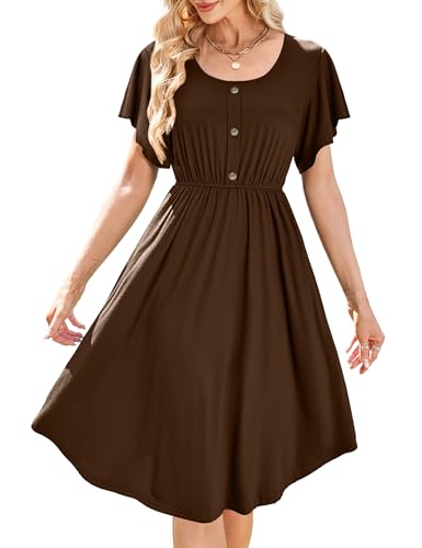 Beluring Damen Kleider Elegant Rüschen Kurzarm Midikleid Rundhals Tunika Einfarbig Sommerkleid Braun L von Beluring