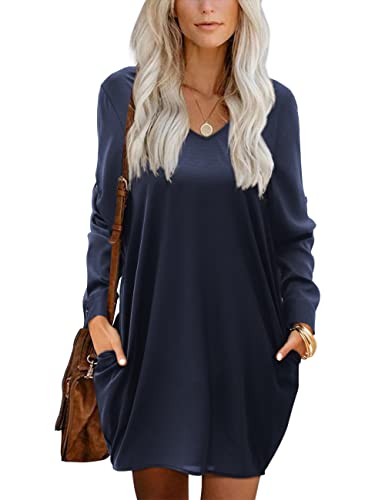 Beluring Kleid Damen V Ausschnitt Blusenkleid Lässige Langarm Shirtkleid mit Taschen Navy Blau XXL von Beluring