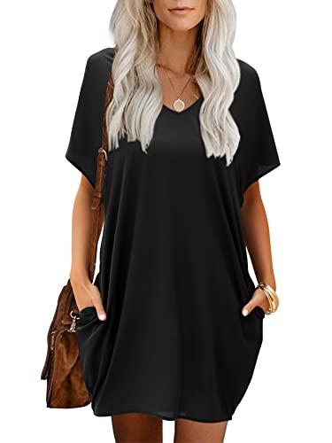 Beluring Damen Kleider Mit Taschen Elegante V-Ausschnitt Tunika Kleid Schwarz XL von Beluring
