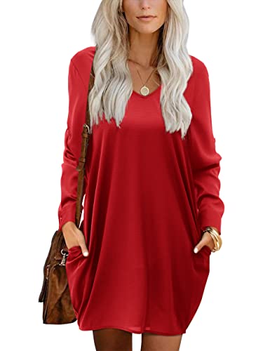 Beluring Damen Kleider V Ausschnitt Langarm Tunika Kleider Mit Taschen Party Kleid Rot XL von Beluring