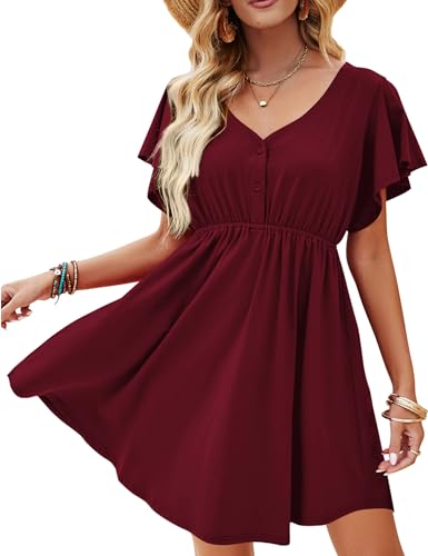 Beluring Damen Kurzarm Kleid Elegant Rüschenärmel Sommerkleid V-Ausschnitt Schönes Kleider Weinrot XL von Beluring