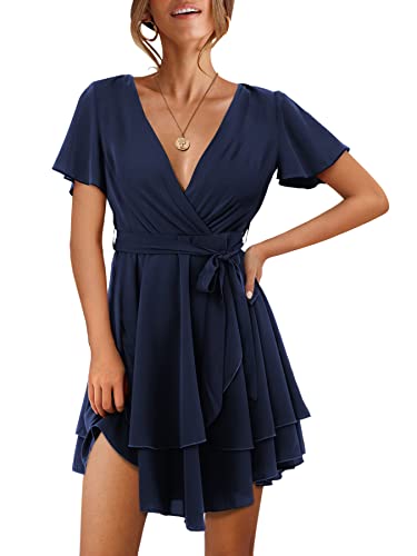 Beluring Damen Kurzarm Kleid V-Ausschnitt Wickelkleid Minikleid Partykleid Datumskleid Dunkelblau XXL von Beluring