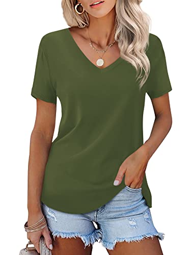 Beluring Damen Kurzarm V-Ausschnitt Tops Sexy Plain Basic Oberteile Olivgrün S von Beluring