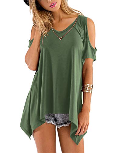 Beluring Damen Top Kurzarmshirt Asymmetrisch Solide T Shirt V Neck Langshirt Oberteil Armeegrün 2XL von Beluring