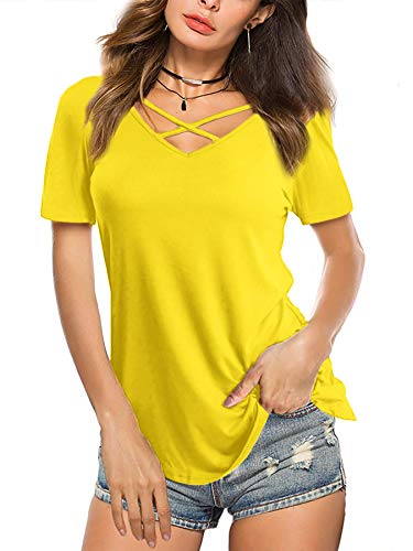 Beluring Damen Oberteile Sexy Sommer V Ausschnitt Locker Shirt Elegant Kurzarm Longtop, Gelb XXL von Beluring