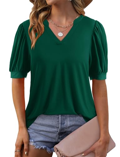 Beluring Damen Kurzarmshirt Elegant V Ausschnitt Tunika Casual Loose T-Shirt Dunkelgrün XXL von Beluring