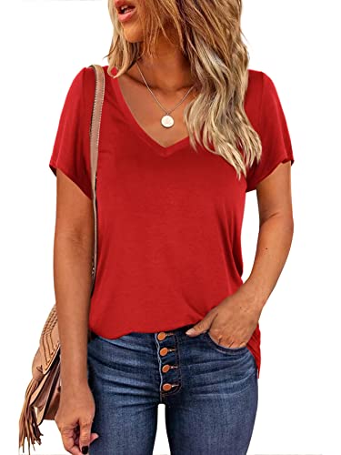 Beluring Damen Lässig Einfarbig Oberteile V-Ausschnitt Kurzarm Basic Lieblich T Shirt Rot XL von Beluring