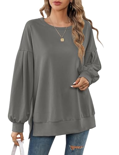 Beluring Damen Lang Sweatshirt Ohne Kapuze Pullover Langarm Rundhals T-Shirt Oberteile Grau XL von Beluring