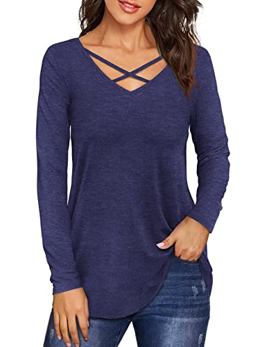 Beluring Damen Langarm Fit Tops Gebogener Saum Basic T-Shirts Marineblau XL von Beluring