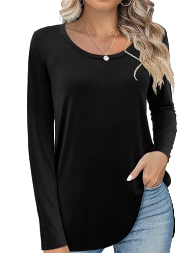 Beluring Damen Langarm Lange Shirt Oberteil T-Shirt Rundhals Tunika Lässige Bluse Schwarz M von Beluring