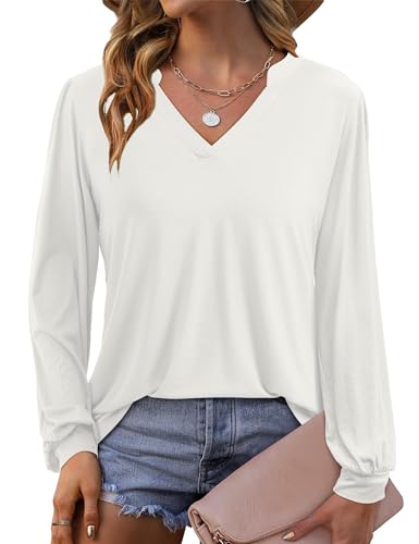 Beluring Damen Langarm Shirt Elegante V Ausschnitt T-Shirt Mode Einfarbig Bluse Weiß XL von Beluring