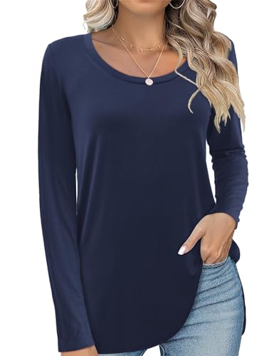 Beluring Damen Langarm Shirt Tunika Rundhals Casual Locker Oberteile Bluse Navy Blue XXL von Beluring