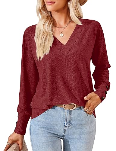 Beluring Damen Langarmshirt Elegant Tunika Bluse Herbst Basic T-Shirts Weinrot S von Beluring