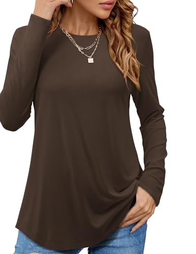 Beluring Damen Langarmshirt Elegante Rundhals T-Shirt Casual Einfarbig Basic Longshirt Braun L von Beluring