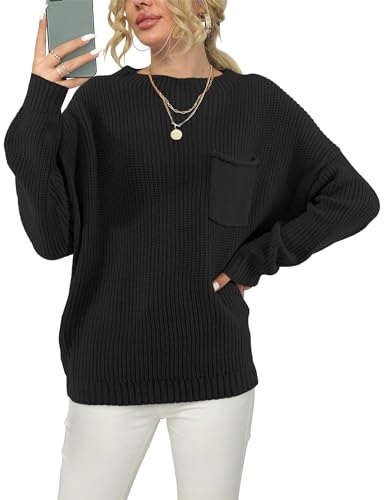 Beluring Damen Langarmshirt Rundhals Strickpullover Locker Einfarbig Sweater Fledermausärmel Top Schwarz XL von Beluring