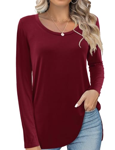 Beluring Damen Langarmshirt T-Shirt Rundhals Einfarbig Tunika Longshirt Lockere Oberteile Weinrot S von Beluring