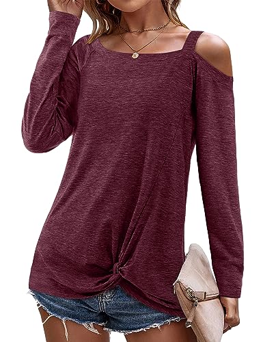 Beluring Damen Longshirt Langarm Bluse Schulterfreies Oberteile Weinrot, Langarmshirt-weinrot, S von Beluring