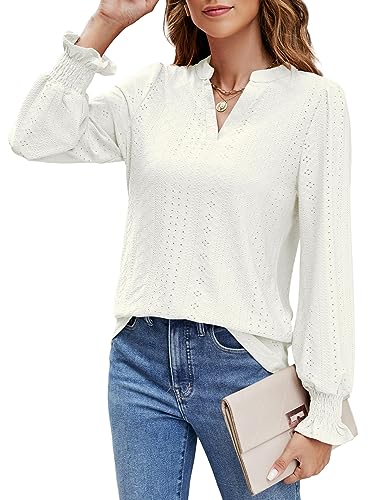 Beluring Damen Longshirt Winter Langarm Elegant T Shirt Casual V-Ausschnitt Basic Shirt Weiß L von Beluring