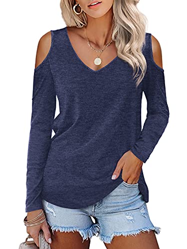 Beluring Damen Longsleeve Off Shoulder V Ausschnitt Einfache Lose Oberteile Bluse Shirts Navy L von Beluring