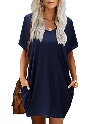 Beluring Damen Lose Tunika Kleid V-Ausschnitt Kurzarm Kleider Mit Taschen Navy Blau XXL von Beluring