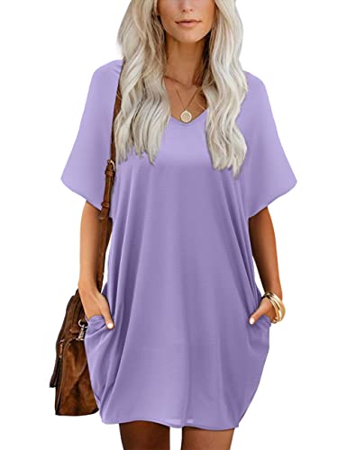 Beluring Damen Lose Tunika Kleider Sommer V Ausschnitt Blusenkleid Mit Taschen Violett XXL von Beluring