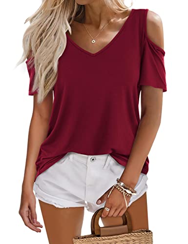 Beluring Damen Schulterfrei Oberteile Sommer Sexy V Ausschnitt Kurzarm Shirtt Burgund XL von Beluring