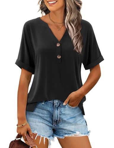 Beluring Damen Oberteile Causal Kurzarm T-Shirts Sommer V-Ausschnitt Einfarbig Bequem Tops Schwarz M von Beluring