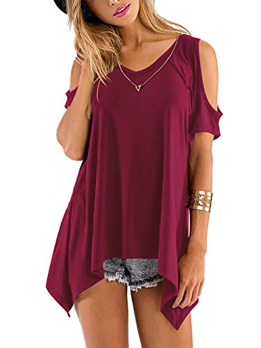 Beluring Tshirt Damen Cold Shoulder Shirt Casual Kurzarm V Ausschnitt Einfarbig Longshirt Weinrot 2XL von Beluring