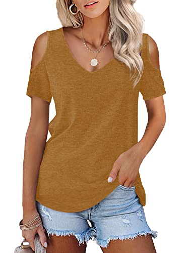 Beluring Damen Oberteile Elegant Kurzarm Schulterfreie Tshirt Sommer V-Ausschnitt Bluse Kaffee XL von Beluring