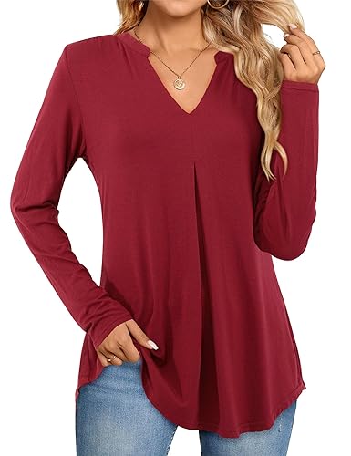 Beluring Damen Oberteile Elegant Langarm Einfarbig Tshirt V Ausschnitt Plissee Tops Weinrot S von Beluring