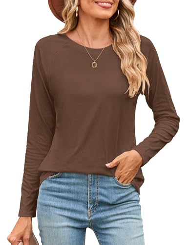 Beluring Damen Oberteile Elegant Langarm Geschwungener Saum Top Rundhals Basic T-Shirt Braun M von Beluring