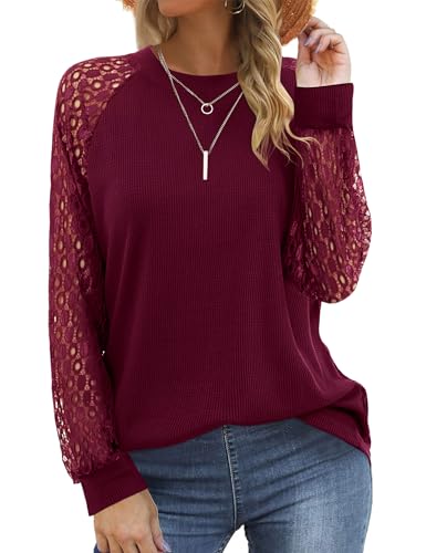 Beluring Damen Oberteile Elegant Langarm T-Shirt Casual Rundhals Blusenshirt Weinrot S von Beluring