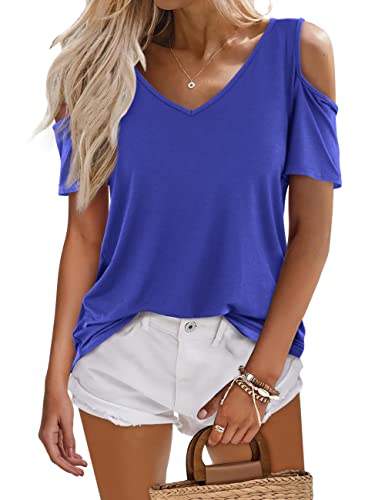 Beluring Tshirt Damen Mode Off Shoulder Oberteile Kurzarm V-Ausschnitt Shirt Blau S von Beluring