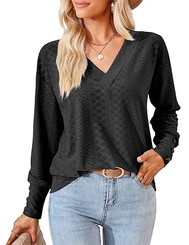 Beluring Damen Oberteile Lässige Langarm T Shirt Sexy V Ausschnitt Top Bluse Schwarz L von Beluring