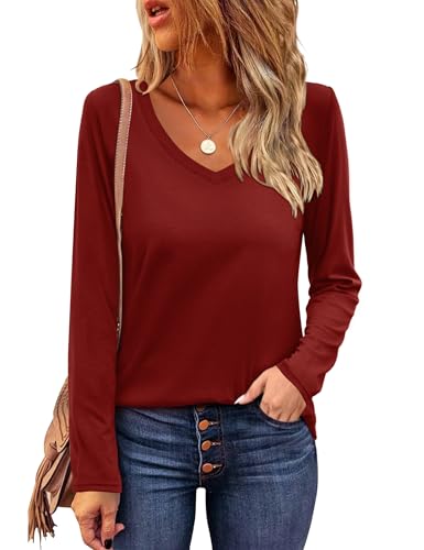 Beluring Shirt Damen Langarm V Ausschnitt Tunika Top Elegant T-Shirt Weinrot XXL von Beluring