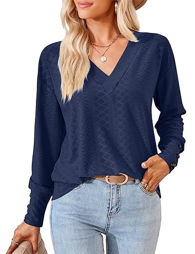 Beluring Damen Oberteile Langarm Winter Tshirts Causal V-Ausschnitt Locker Tunika Tops Marineblau XL von Beluring