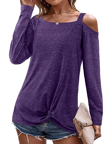 Beluring T-Shirt Damen Elegant Langarm Oberteile Schulterfrei Tunika Bluse Violett M von Beluring