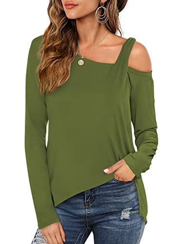 Beluring Damen Oberteile Schulterfrei Tshirt Langarm Shirt Bluse Tunika Asymmetrisch Pullover Olivgrün S von Beluring