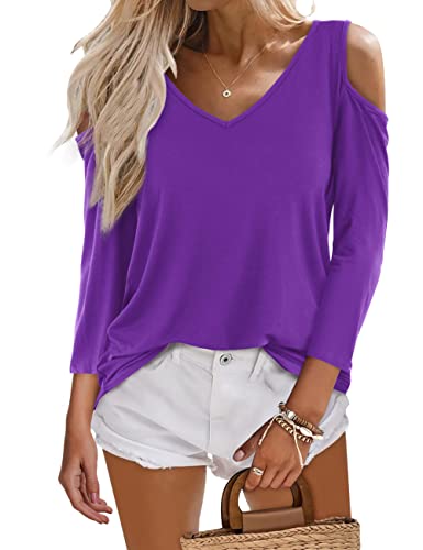 Beluring Damen Oberteil V Ausschnitt Tshirt Cold Shoulder Basic Top Lila S von Beluring